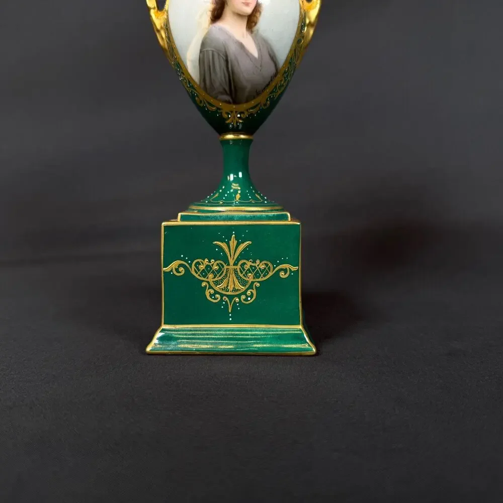 Antique Royal Vienna Portrait Urn Vase Hand Painted Lady Green/Gold signed RUTH